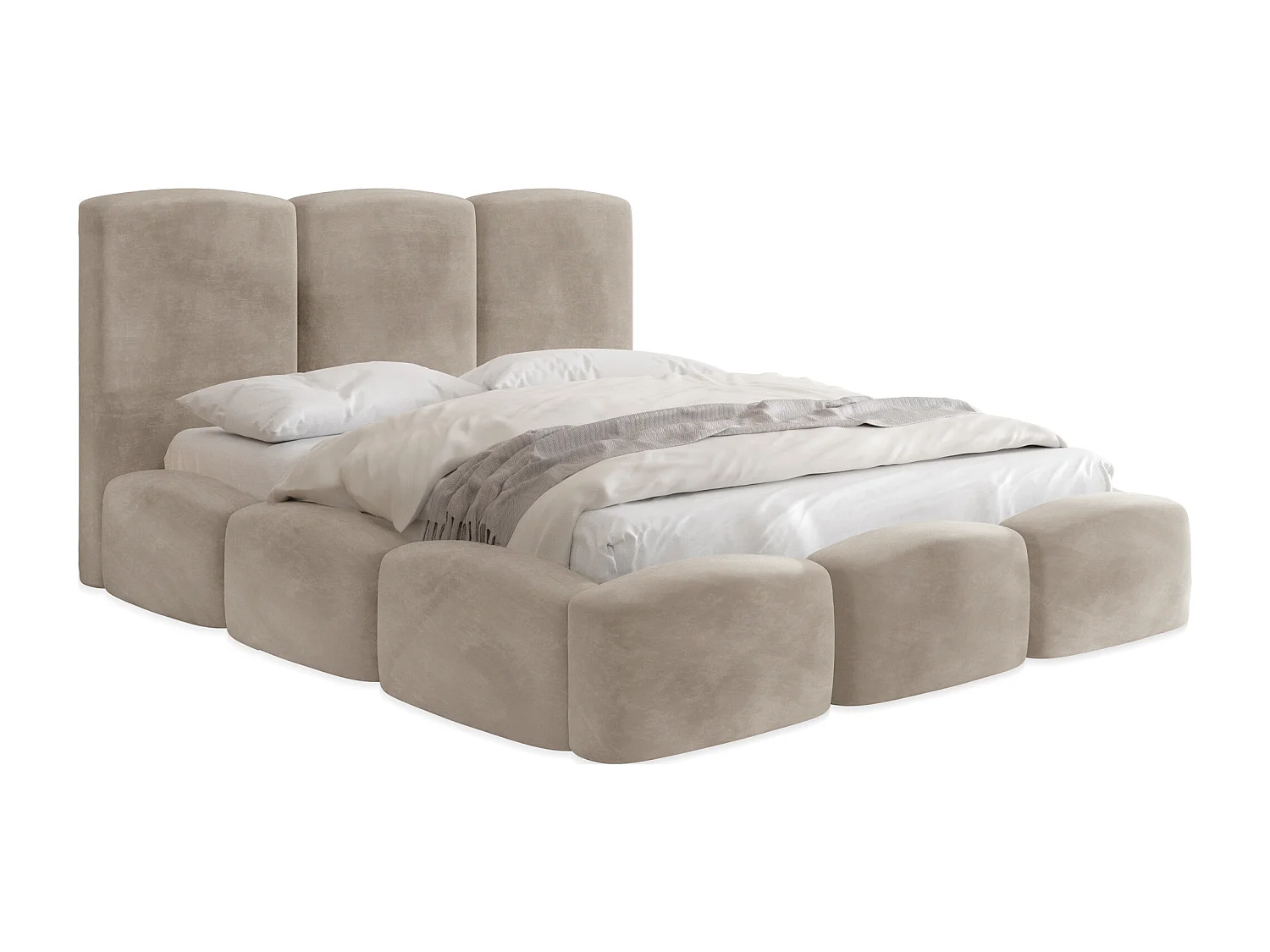 Polsterbett 140x200 – Bettkasten mit Lattenrost – Boucle oder Samt Creme – Hohes Kopfteil – Bettgestell ohne Matratze – Harmony – Modernes Doppelbett – Beige