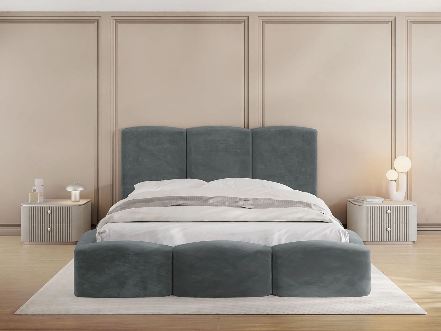 Polsterbett 140x200 – Bettkasten mit Lattenrost – Boucle oder Samt Grau – Hohes Kopfteil – Bettgestell ohne Matratze – Harmony – Modernes Doppelbett – Grau