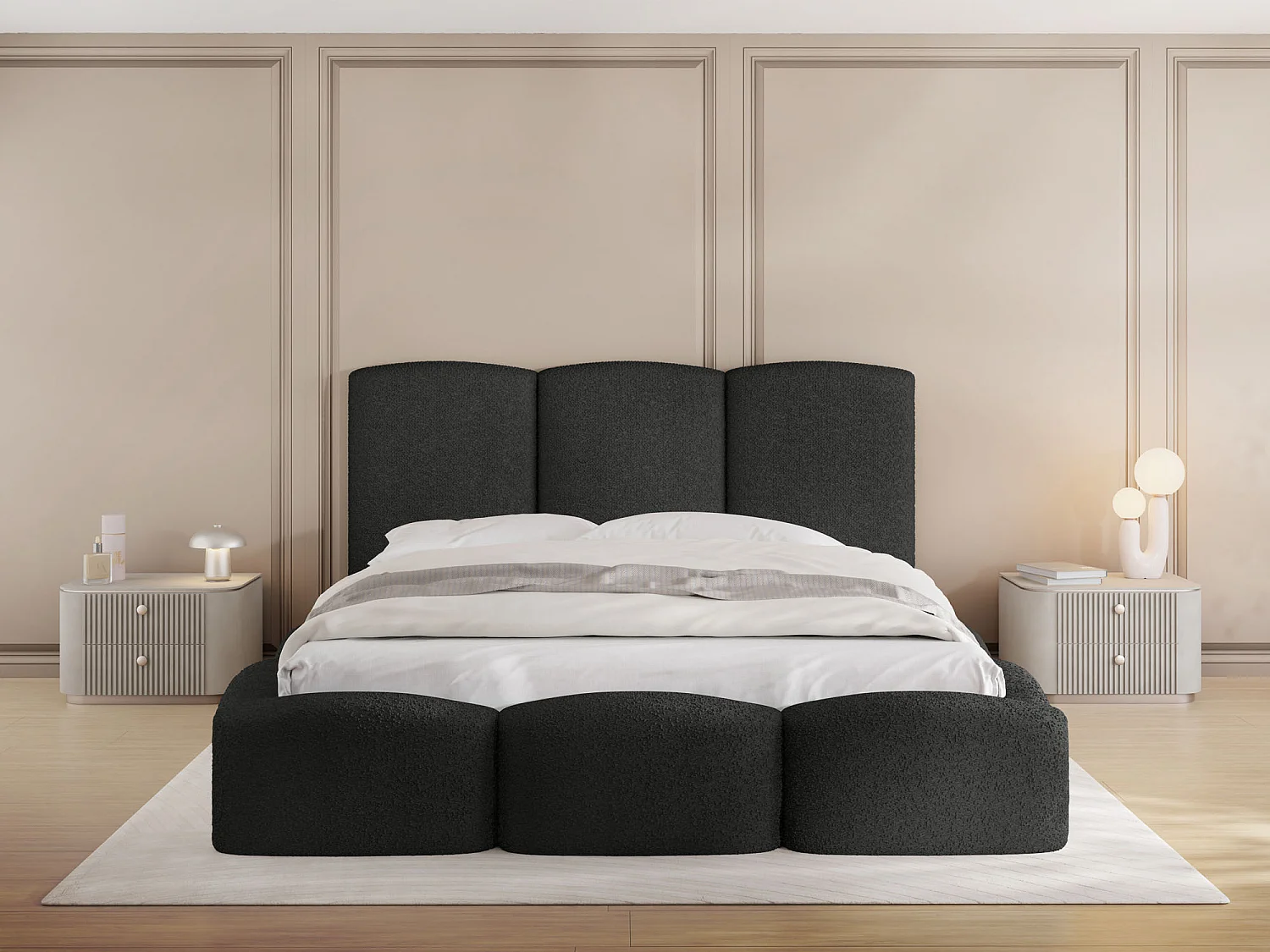 Polsterbett 140x200 – Bettkasten mit Lattenrost – Boucle oder Samt Schwarz – Hohes Kopfteil – Bettgestell ohne Matratze – Harmony – Modernes Doppelbett – Schwarz