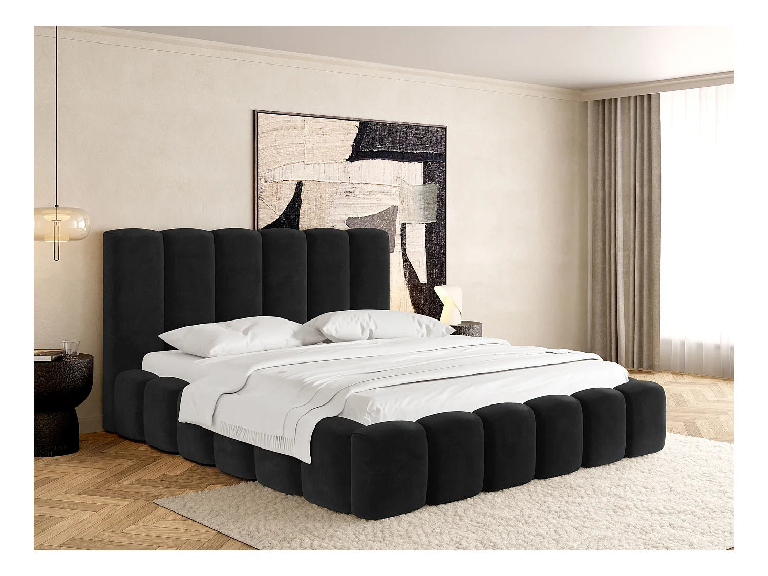 Polsterbett 180x200 – Bettkasten mit Lattenrost – Boucle oder Samt Schwarz – Hohes Kopfteil – Bettgestell ohne Matratze – Serenity – Schwarz