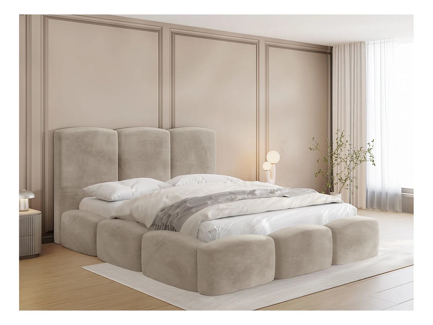 Lit Rembourré 160x200 - Lit Coffre en Tissu Velours Beige - Rangement - Cadre avec Sommier à Lattes - Tête Capitonnée - Harmony - Lit Adulte Moderne