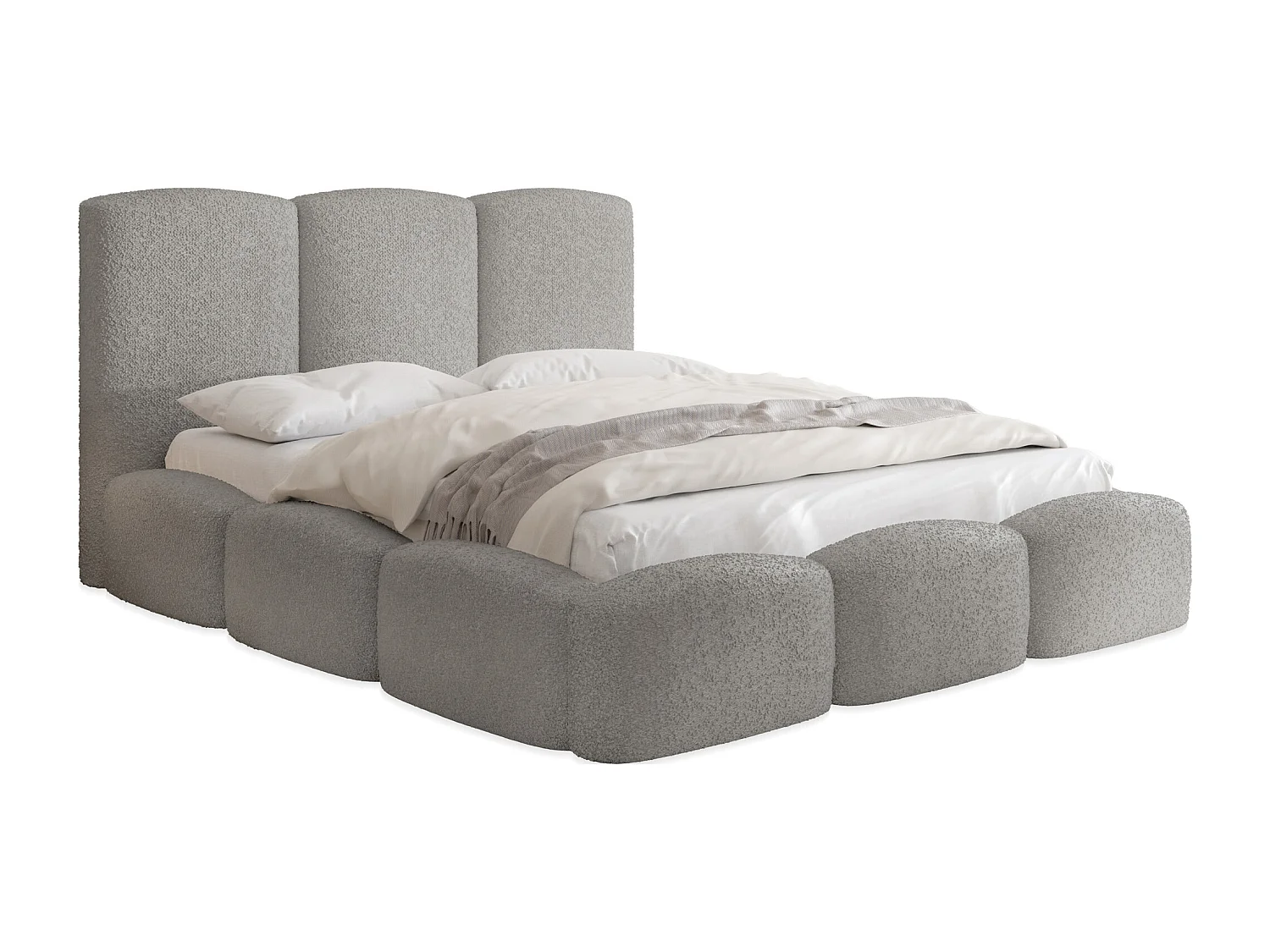 Polsterbett 140x200 – Bettkasten mit Lattenrost – Boucle oder Samt Grau – Hohes Kopfteil – Bettgestell ohne Matratze – Harmony – Modernes Doppelbett – Grau