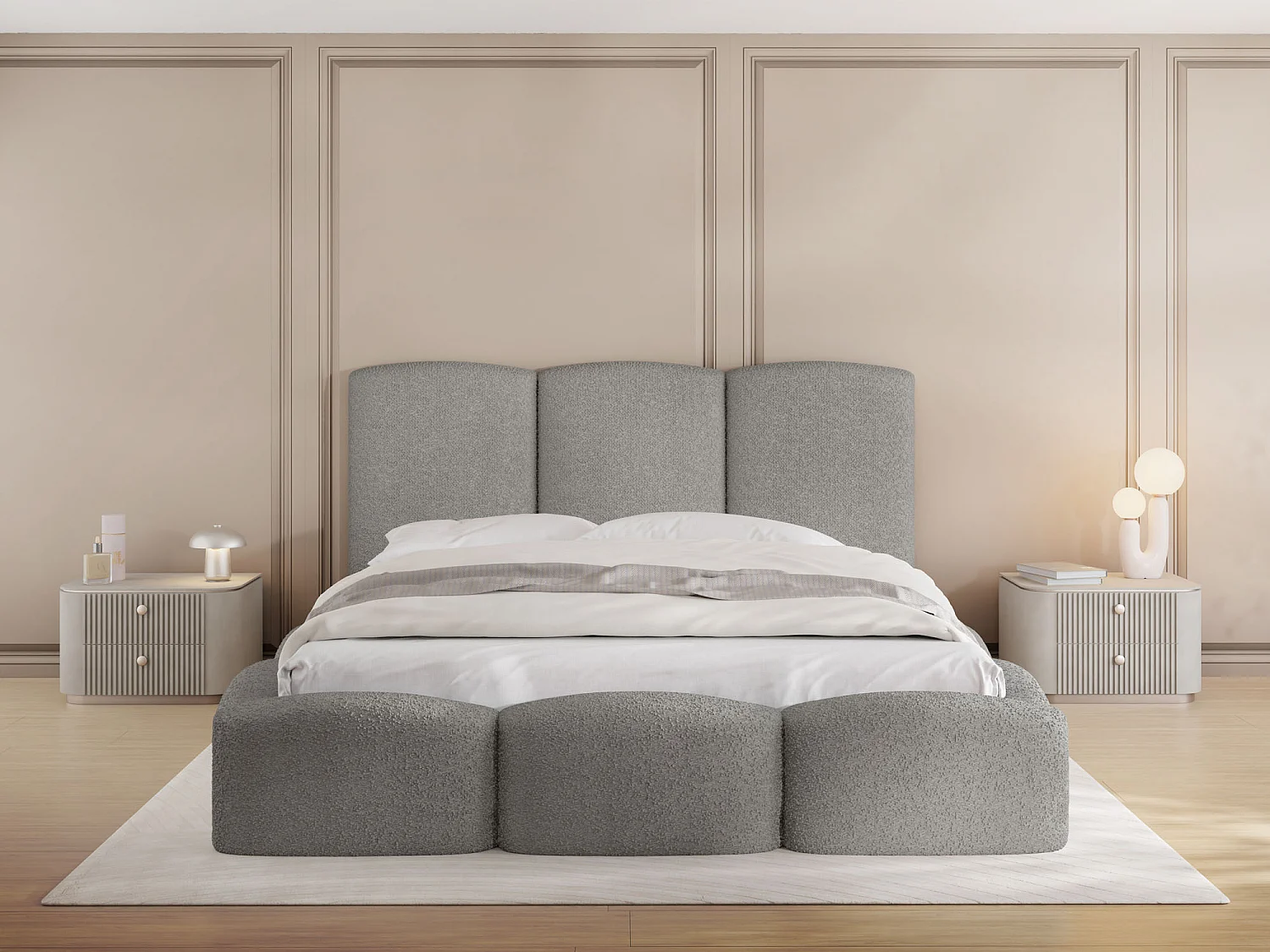 Polsterbett 140x200 – Bettkasten mit Lattenrost – Boucle oder Samt Grau – Hohes Kopfteil – Bettgestell ohne Matratze – Harmony – Modernes Doppelbett – Grau