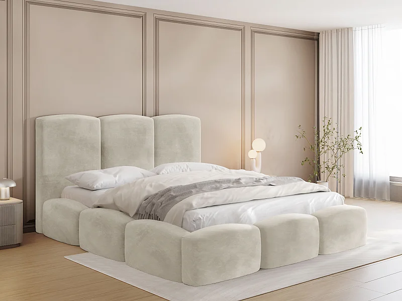 Lit Rembourré 140x200 - Lit Coffre en Tissu Velours Beige - Rangement - Cadre avec Sommier à Lattes - Tête Capitonnée - Harmony - Lit Adulte Moderne - Crème