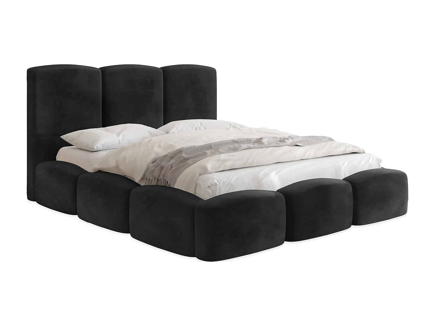 Polsterbett 140x200 – Bettkasten mit Lattenrost – Boucle oder Samt Schwarz – Hohes Kopfteil – Bettgestell ohne Matratze – Harmony – Modernes Doppelbett – Schwarz