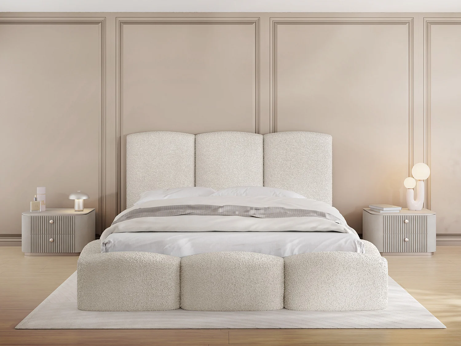 Polsterbett 120x200 – Bettkasten mit Lattenrost – Boucle oder Samt Beige – Hohes Kopfteil – Bettgestell ohne Matratze – Harmony – Modernes Doppelbett – Creme