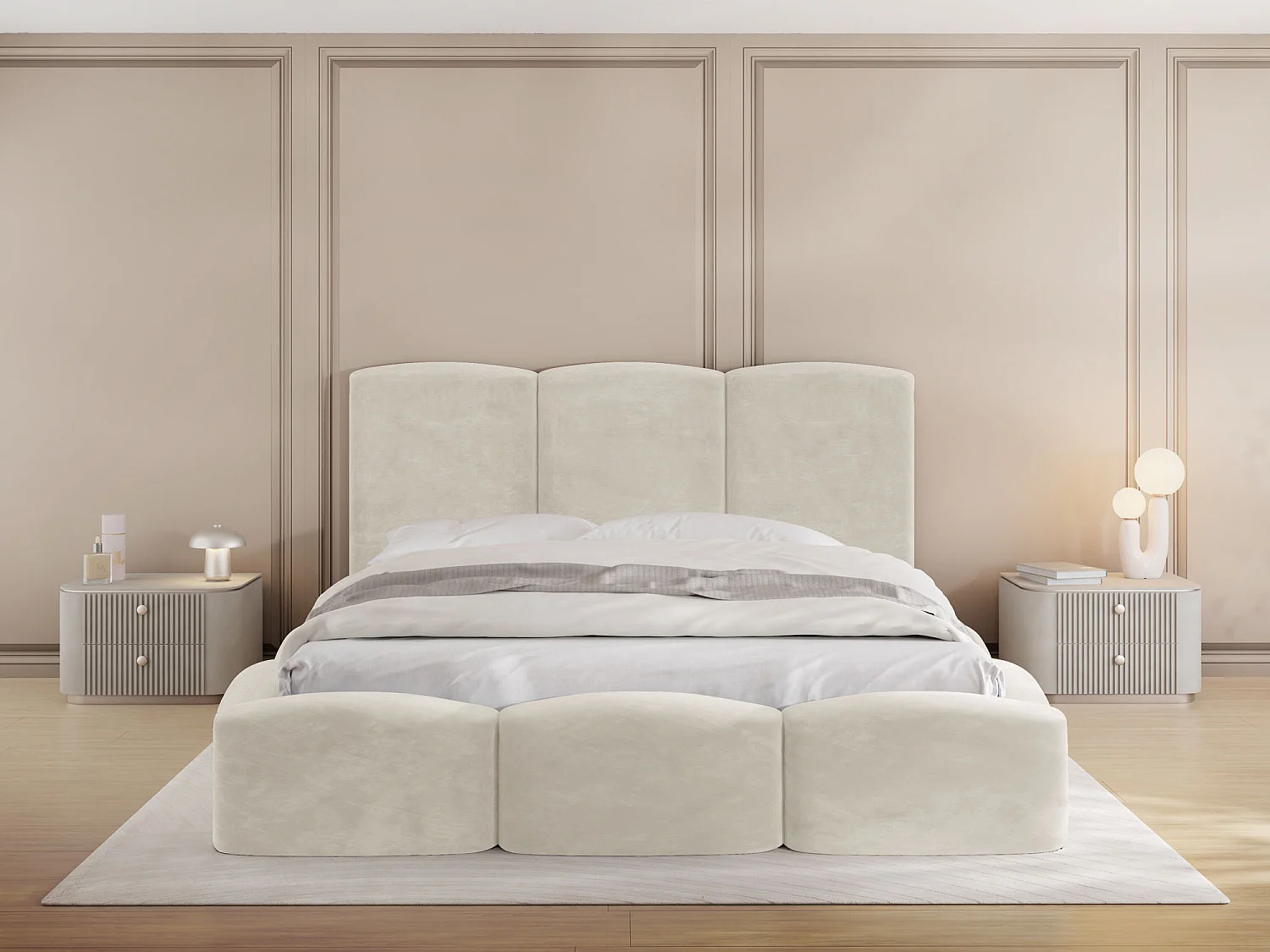 Design-Polsterbett 200x200 – Modernes Doppelbett mit Stauraum – Boucle oder Samtstoff in Creme – Harmony – Gepolstertes hohes Kopfteil – Ohne Matratze – Beige