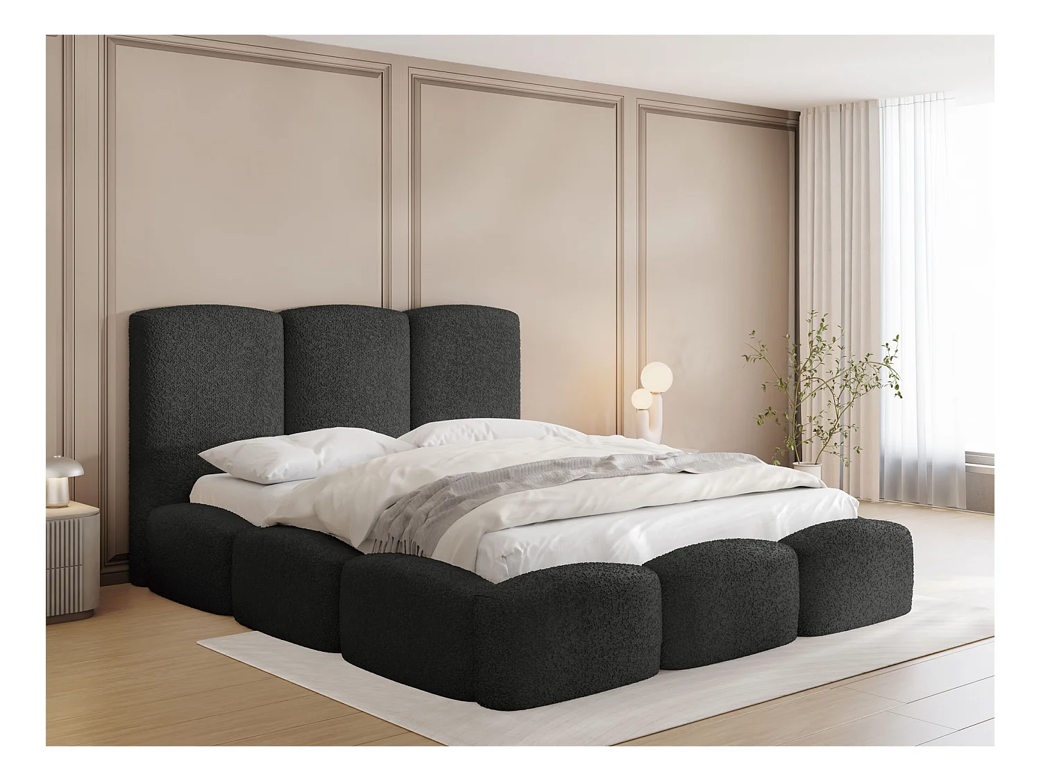Lit Rembourré 120x200 - Lit Coffre en Tissu Bouclette Noir - Rangement - Cadre avec Sommier à Lattes - Tête Capitonnée - Harmony - Lit Adulte Moderne