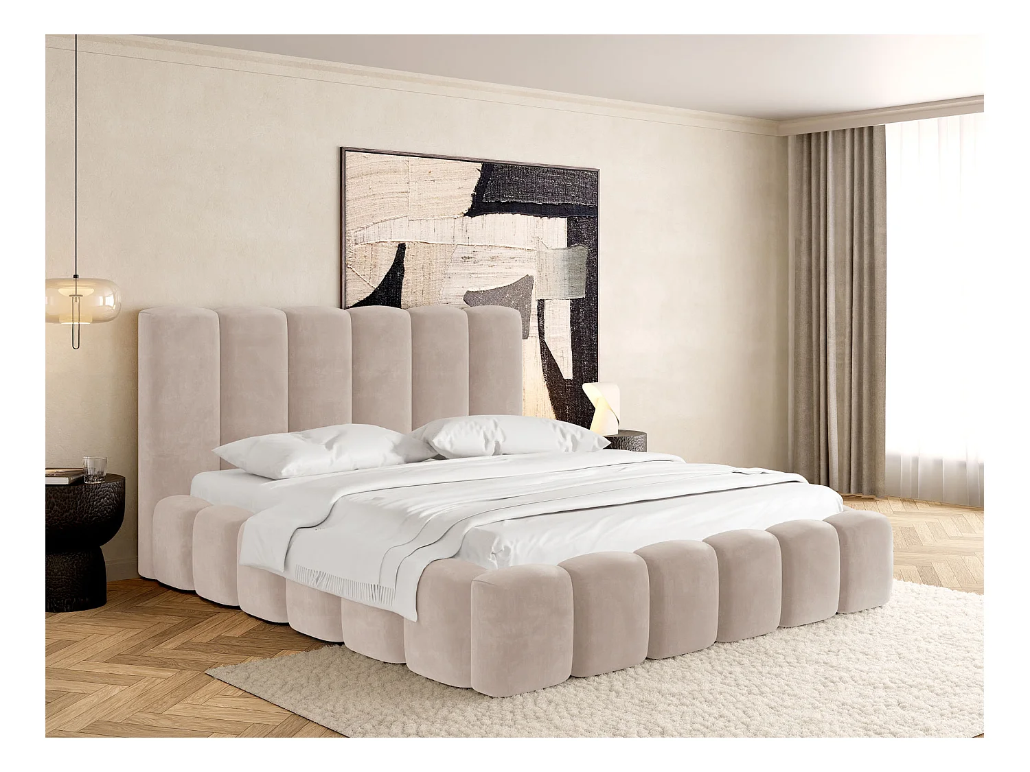 Polsterbett 140x200 – Bettkasten mit Lattenrost – Boucle oder Samt Creme – Hohes Kopfteil – Bettgestell ohne Matratze – Serenity – Creme