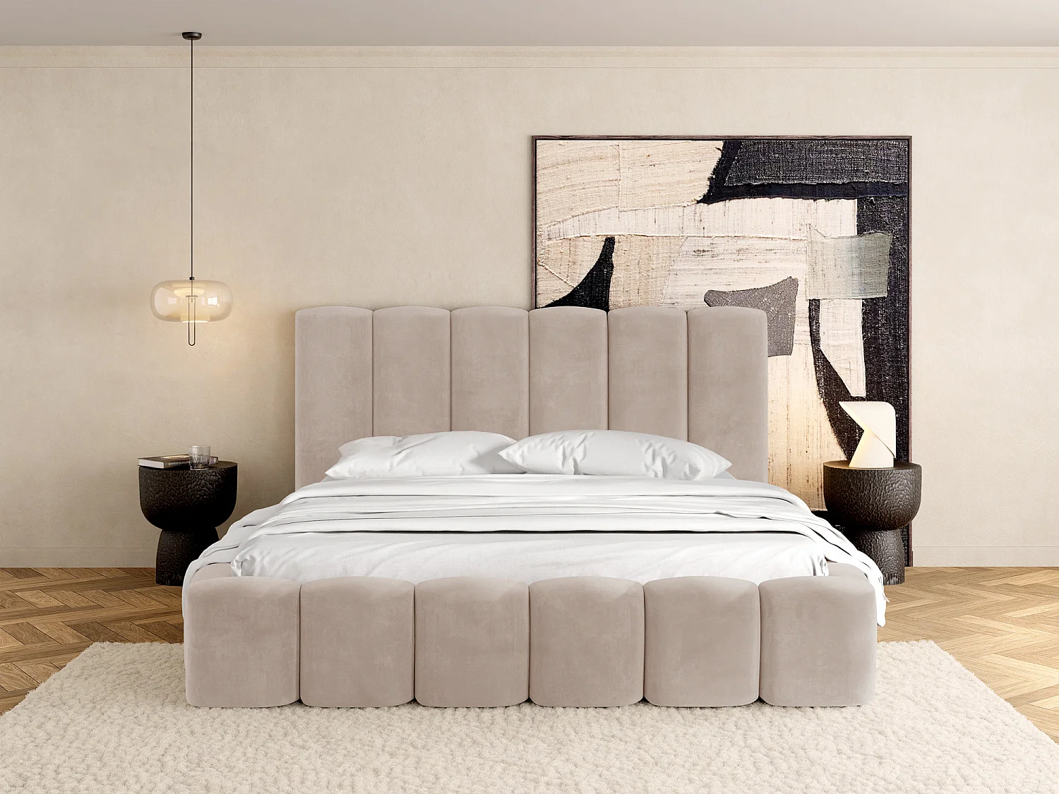 Polsterbett 140x200 – Bettkasten mit Lattenrost – Boucle oder Samt Creme – Hohes Kopfteil – Bettgestell ohne Matratze – Serenity – Creme