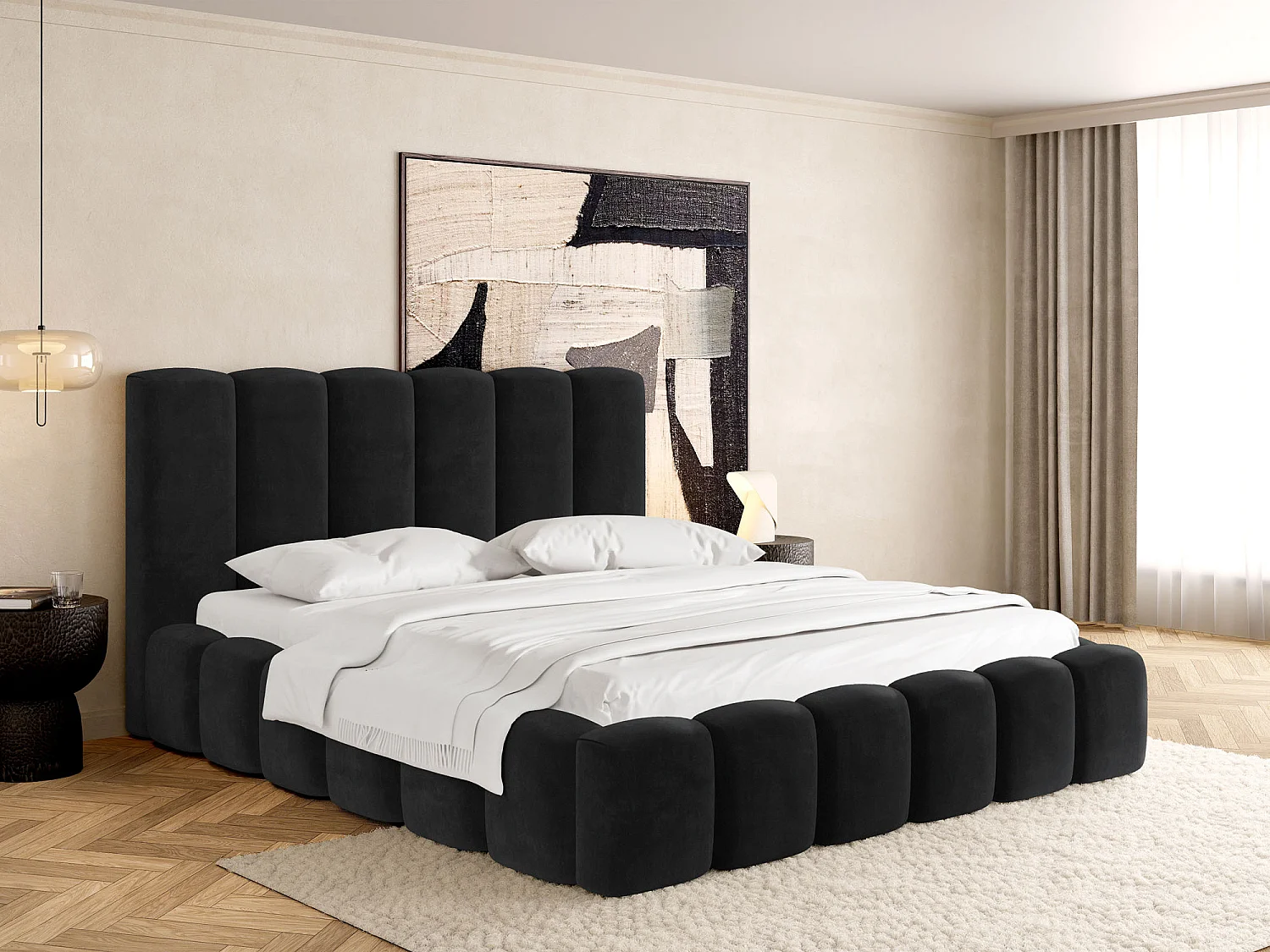Polsterbett 160x200 – Bettkasten mit Lattenrost – Boucle oder Samt Schwarz – Hohes Kopfteil – Bettgestell ohne Matratze – Serenity – Schwarz