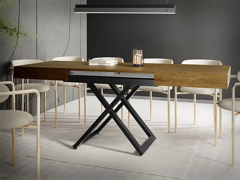 Table Basse Relevable Extensible Cavetta U - Table Multifonction Salon Salle à Manger 120-200/80/27-76 cm Chêne Lefkas