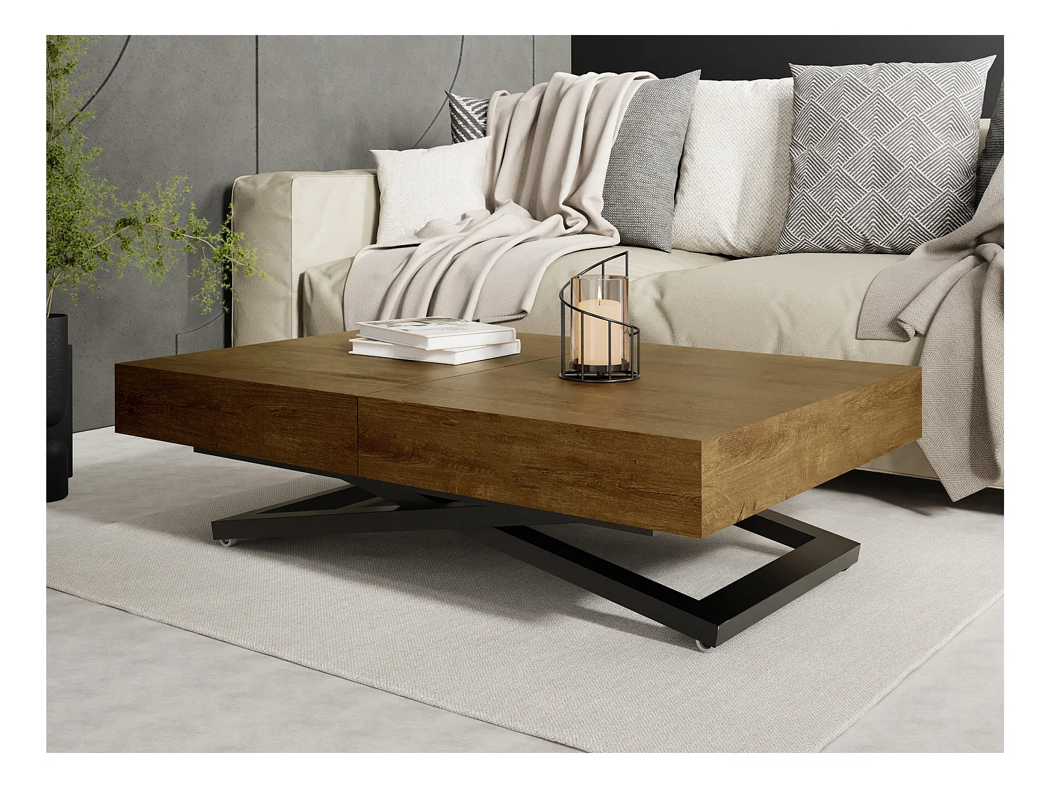 Table Basse Relevable Extensible Cavetta U - Table Multifonction Salon Salle à Manger 120-200/80/27-76 cm Chêne Lefkas