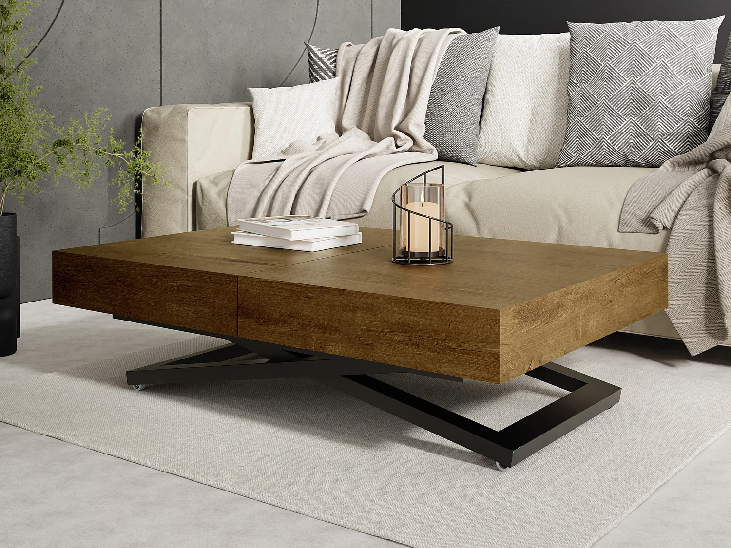 Table Basse Relevable Extensible Cavetta U - Table Multifonction Salon Salle à Manger 120-200/80/27-76 cm Chêne Lefkas