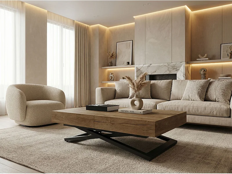 Couchtisch Höhenverstellbar und Ausziehbar Cavetta U - Wohnzimmertisch Esstisch Multifunktionstisch mit Schwarzem Metallgestell 120-200/80/27-76 cm Lefkas Eiche