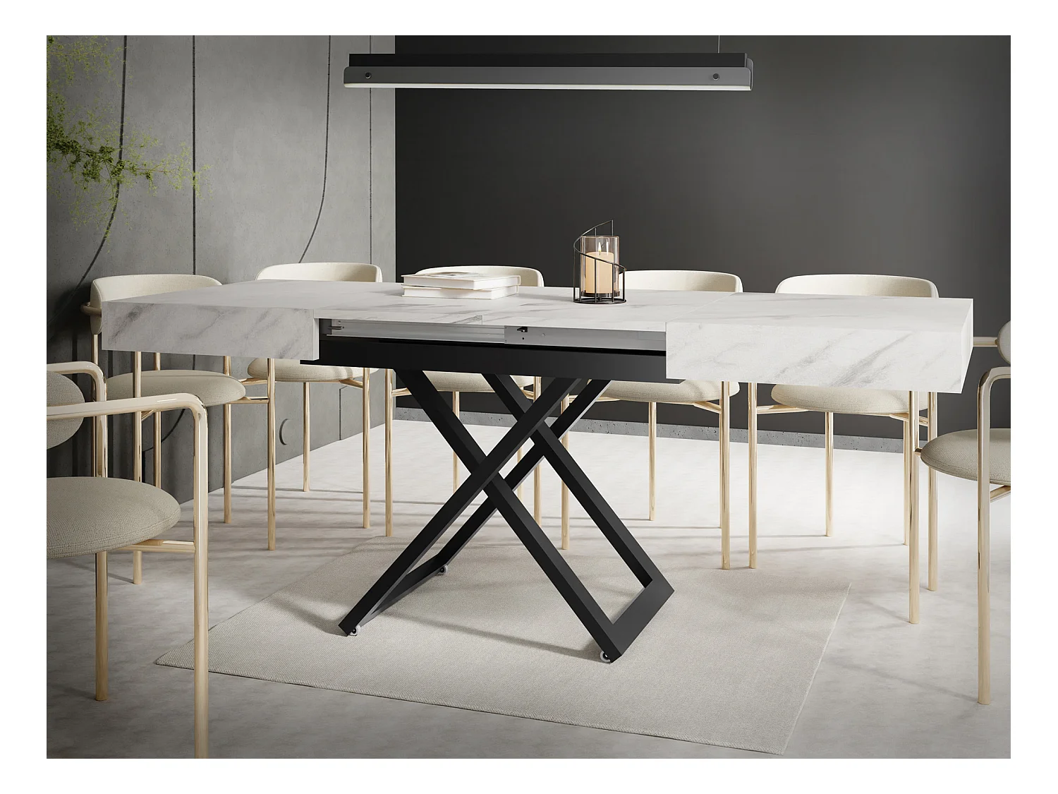 Couchtisch Höhenverstellbar und Ausziehbar Cavetta U in Marmoroptik Weiß - Wohnzimmertisch Esstisch Multifunktionstisch 120-200/80/27-76 cm - Marmor Weiß