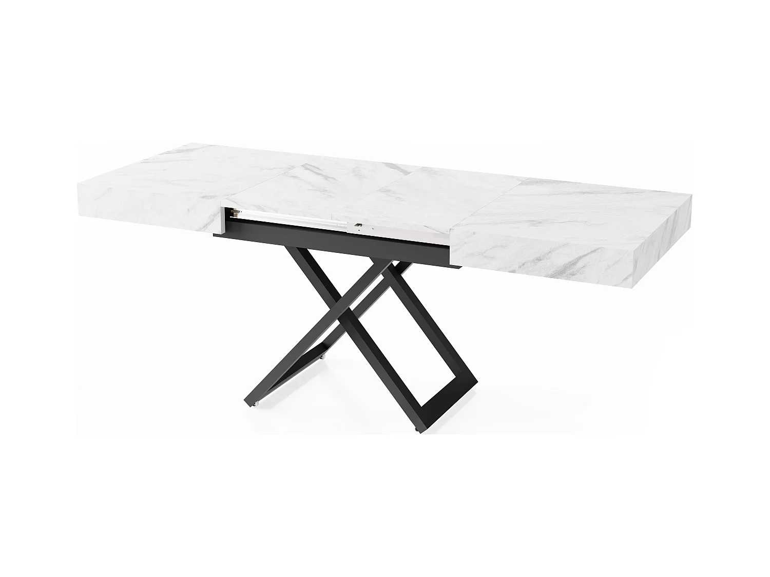 Couchtisch Höhenverstellbar und Ausziehbar Cavetta U in Marmoroptik Weiß - Wohnzimmertisch Esstisch Multifunktionstisch 120-200/80/27-76 cm - Marmor Weiß