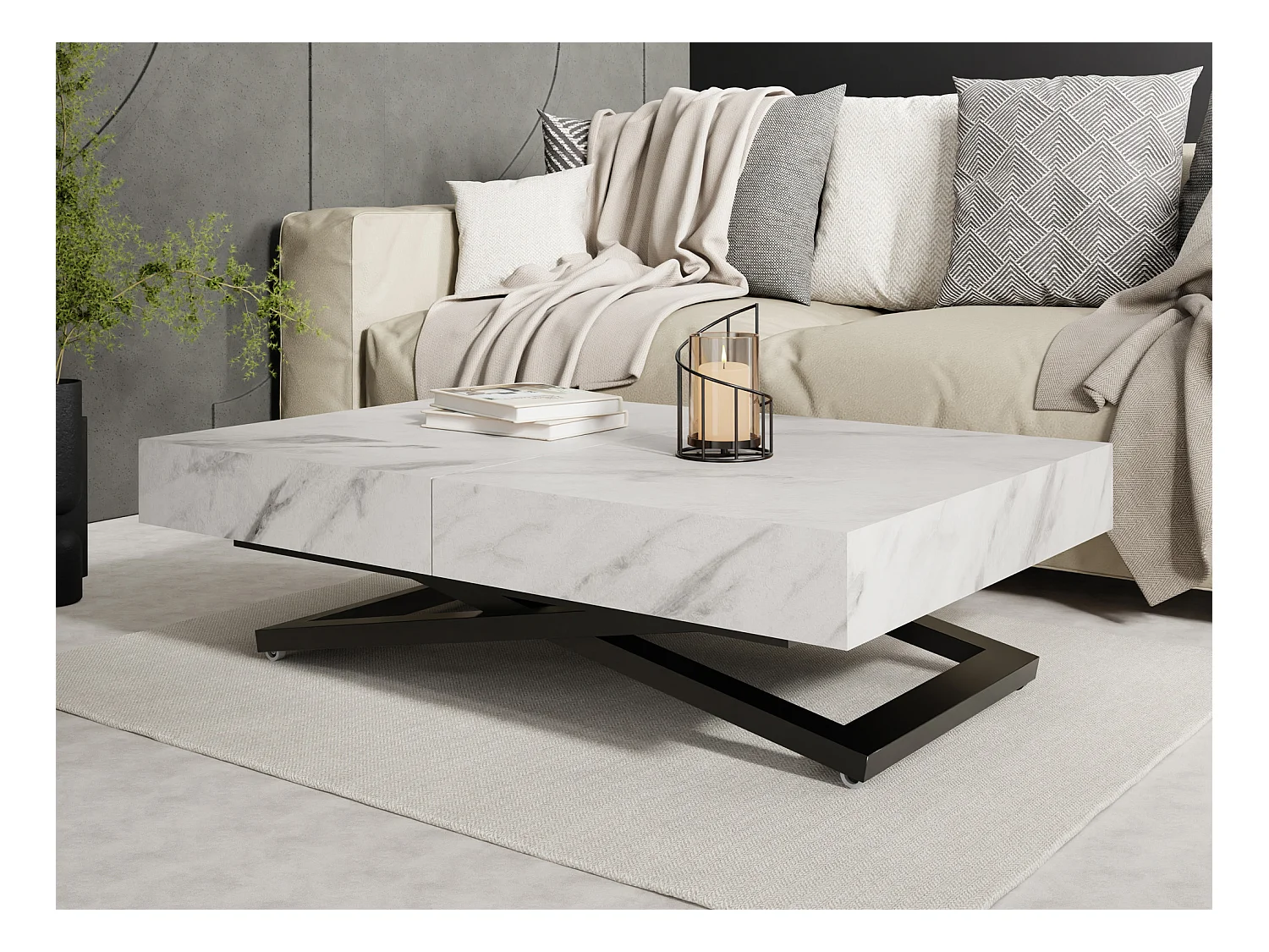 Couchtisch Höhenverstellbar und Ausziehbar Cavetta U in Marmoroptik Weiß - Wohnzimmertisch Esstisch Multifunktionstisch 120-200/80/27-76 cm - Marmor Weiß