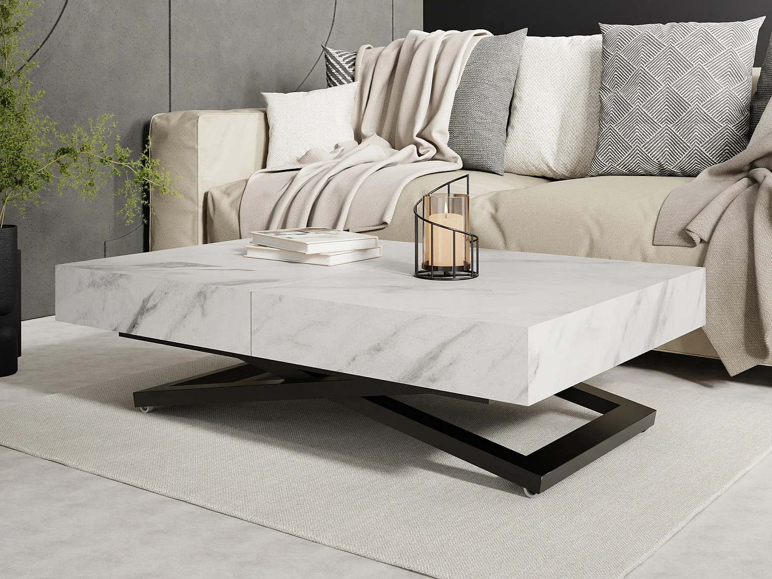 Couchtisch Höhenverstellbar und Ausziehbar Cavetta U Schwarz in Marmoroptik - Wohnzimmertisch Esstisch Multifunktionstisch 120-200/80/27-76 cm - Marmor Weiß