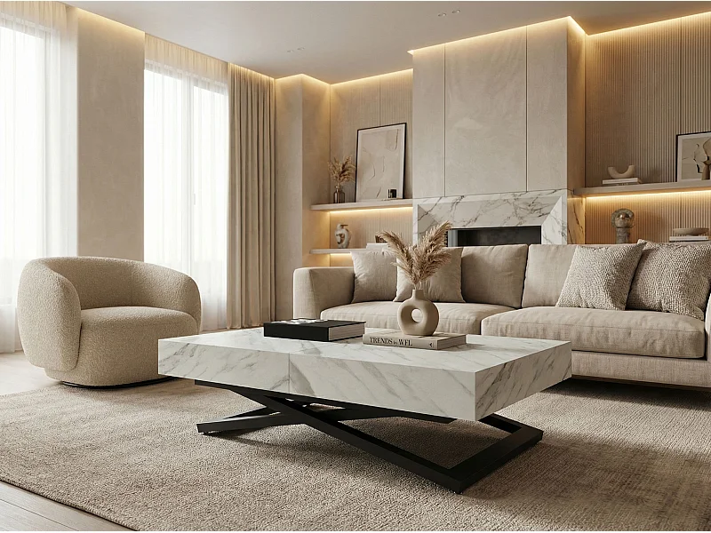 Table Basse Relevable Extensible Cavetta U - Table Multifonction Salon Salle à Manger 120-200/80/27-76 cm Marbre Blanc