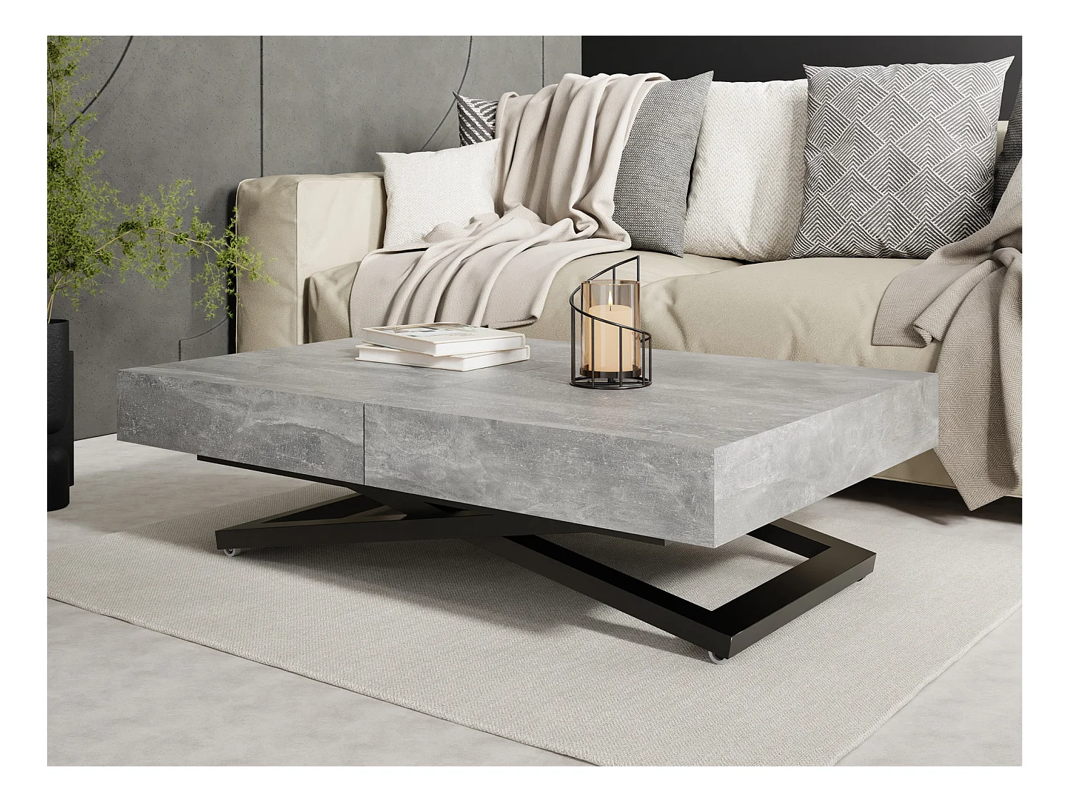 Couchtisch Höhenverstellbar und Ausziehbar Cavetta U - Wohnzimmertisch Esstisch Multifunktionstisch 120-200/80/27-76 cm Grauer Beton