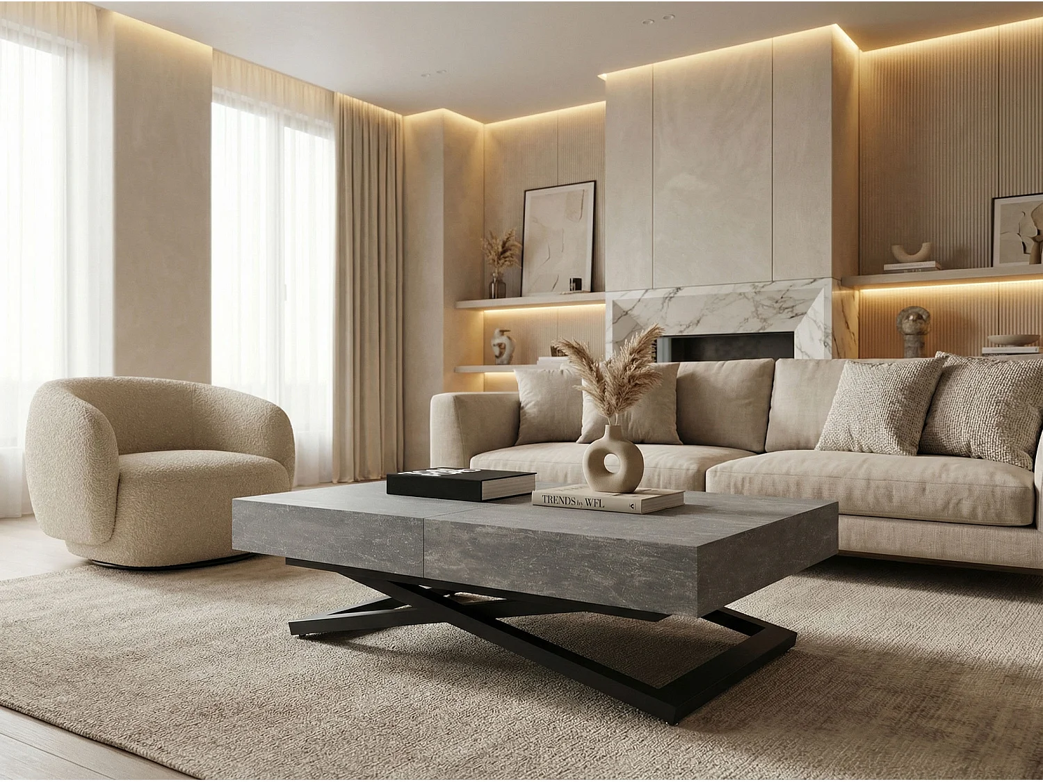 Couchtisch Höhenverstellbar und Ausziehbar Cavetta U - Wohnzimmertisch Esstisch Multifunktionstisch mit Schwarzem Metallgestell 120-200/80/27-76 cm Grauer Beton