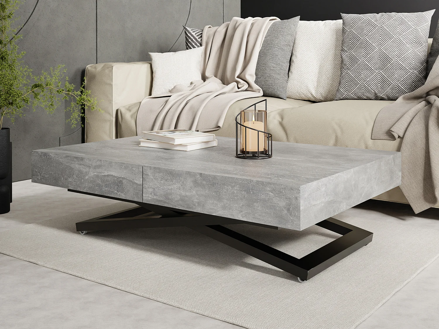Couchtisch Höhenverstellbar und Ausziehbar Cavetta U - Wohnzimmertisch Esstisch Multifunktionstisch mit Schwarzem Metallgestell 120-200/80/27-76 cm Grauer Beton