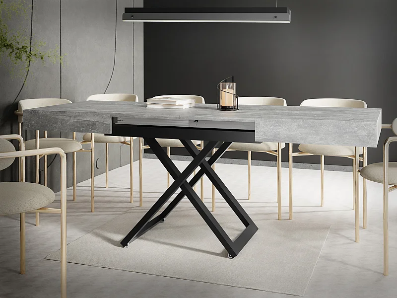 Couchtisch Höhenverstellbar und Ausziehbar Cavetta U - Wohnzimmertisch Esstisch Multifunktionstisch mit Schwarzem Metallgestell 120-200/80/27-76 cm Grauer Beton