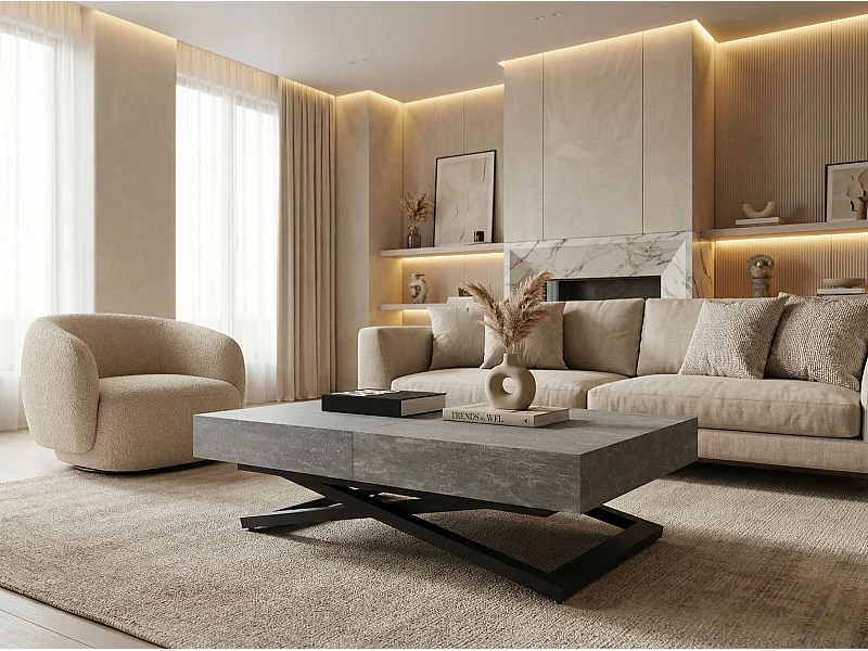 Couchtisch Höhenverstellbar und Ausziehbar Cavetta U - Wohnzimmertisch Esstisch Multifunktionstisch mit Schwarzem Metallgestell 120-200/80/27-76 cm Grauer Beton