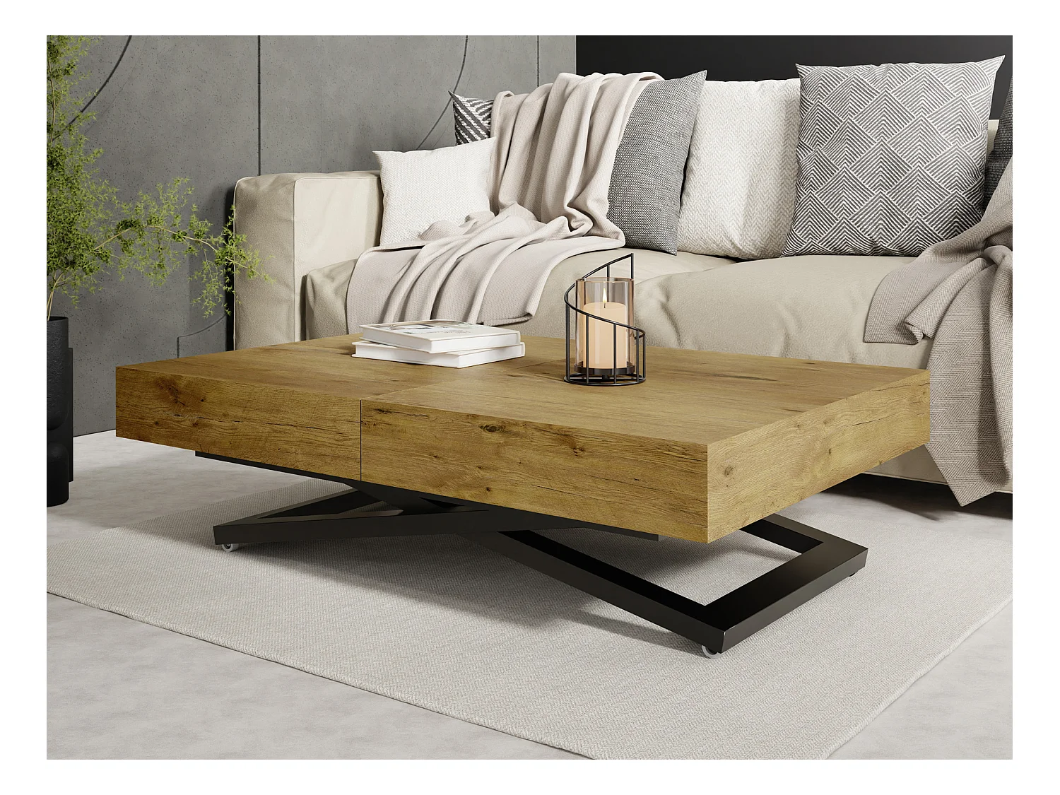 Couchtisch Höhenverstellbar und Ausziehbar Cavetta U - Wohnzimmertisch Esstisch Multifunktionstisch 120-200/80/27-76 cm Lancelot Eiche