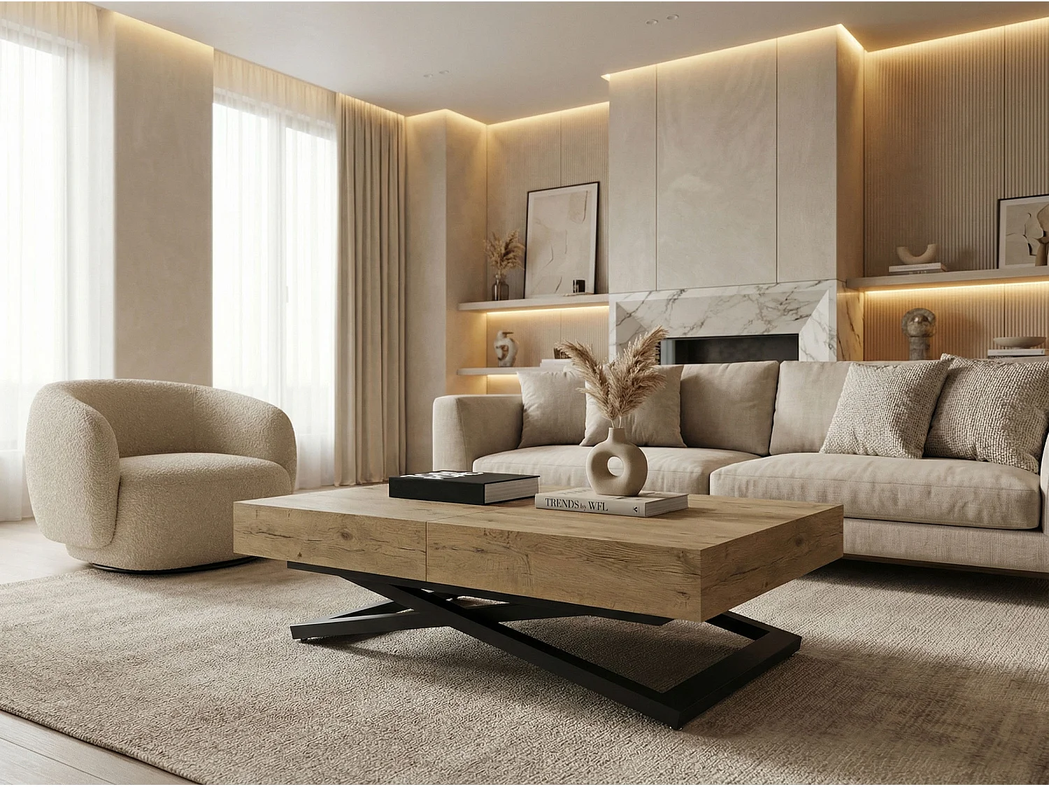 Couchtisch Höhenverstellbar und Ausziehbar Cavetta U - Wohnzimmertisch Esstisch Multifunktionstisch mit Schwarzem Metallgestell 120-200/80/27-76 cm Lancelot Eiche