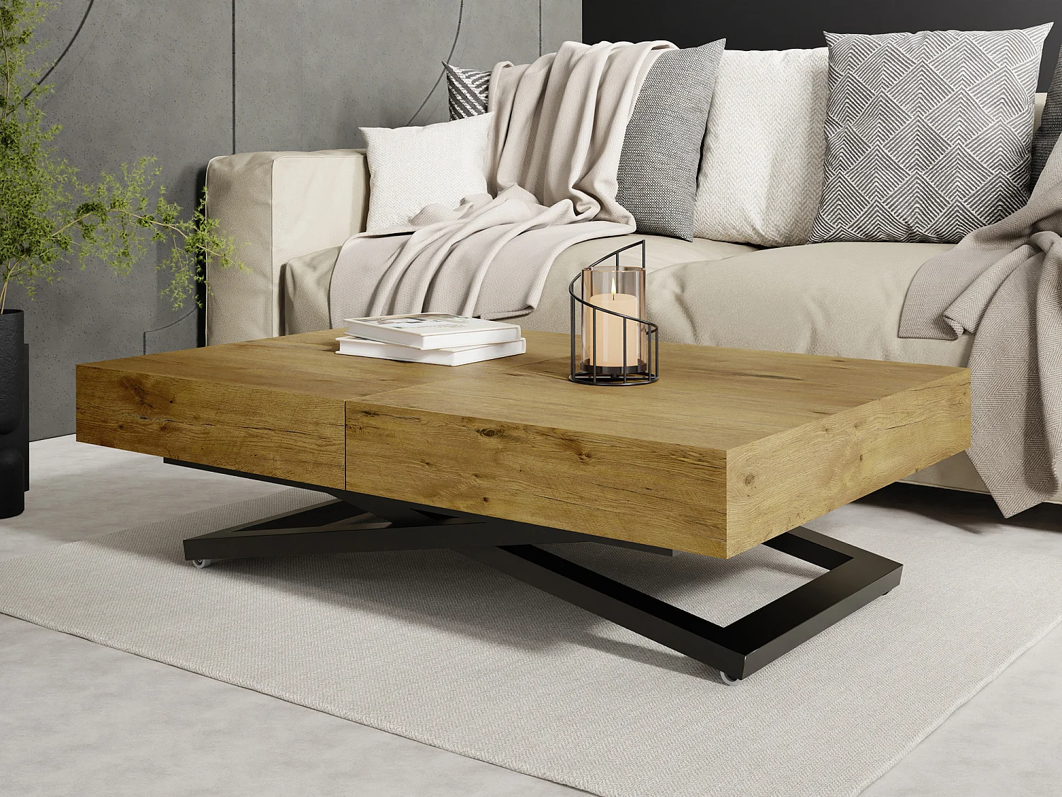 Couchtisch Höhenverstellbar und Ausziehbar Cavetta U - Wohnzimmertisch Esstisch Multifunktionstisch mit Schwarzem Metallgestell 120-200/80/27-76 cm Lancelot Eiche