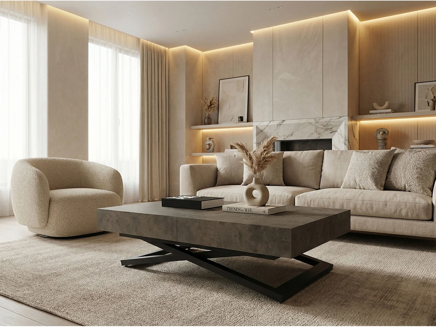 Couchtisch Höhenverstellbar und Ausziehbar Cavetta U Schwarz - Wohnzimmertisch Esstisch Multifunktionstisch 120-200/80/27-76 cm Beton-Optik Dunkelgrau