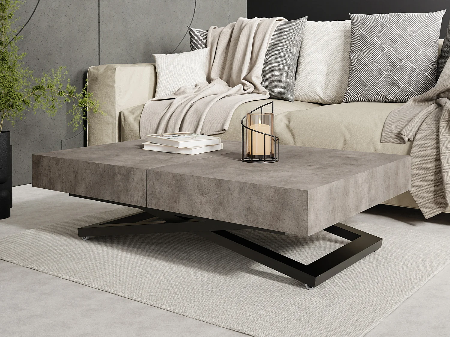 Couchtisch Höhenverstellbar und Ausziehbar Cavetta U Schwarz - Wohnzimmertisch Esstisch Multifunktionstisch 120-200/80/27-76 cm Beton-Optik Dunkelgrau