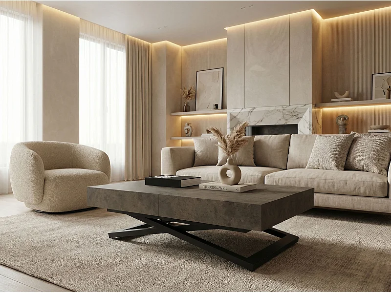 Couchtisch Höhenverstellbar und Ausziehbar Cavetta U Schwarz - Wohnzimmertisch Esstisch Multifunktionstisch 120-200/80/27-76 cm Beton-Optik Dunkelgrau