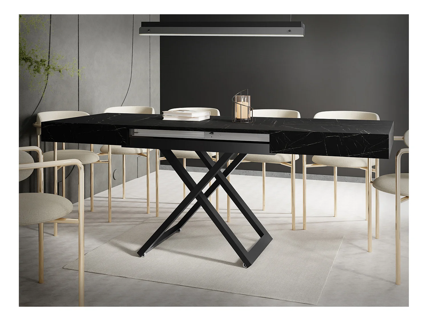 Couchtisch Höhenverstellbar und Ausziehbar Cavetta U in Marmoroptik Schwarz - Wohnzimmertisch Esstisch Multifunktionstisch 120-200/80/27-76 cm - Marmor Schwarz