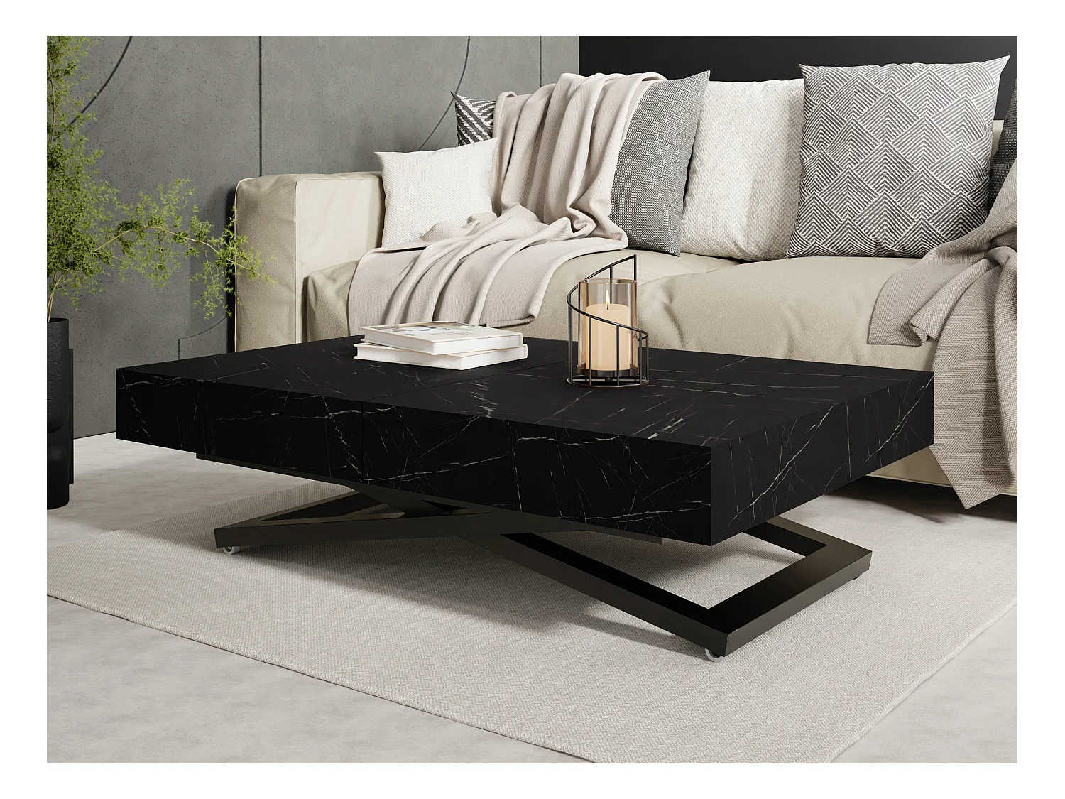 Couchtisch Höhenverstellbar und Ausziehbar Cavetta U in Marmoroptik Schwarz - Wohnzimmertisch Esstisch Multifunktionstisch 120-200/80/27-76 cm - Marmor Schwarz