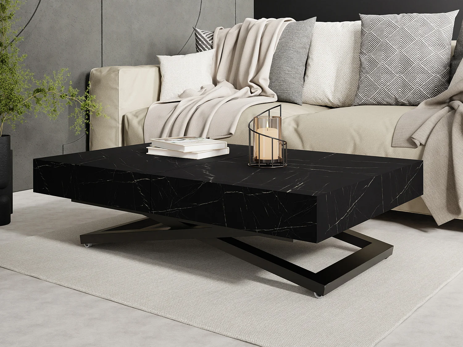 Couchtisch Höhenverstellbar und Ausziehbar Cavetta U Schwarz in Marmoroptik - Wohnzimmertisch Esstisch Multifunktionstisch 120-200/80/27-76 cm - Marmor Schwarz