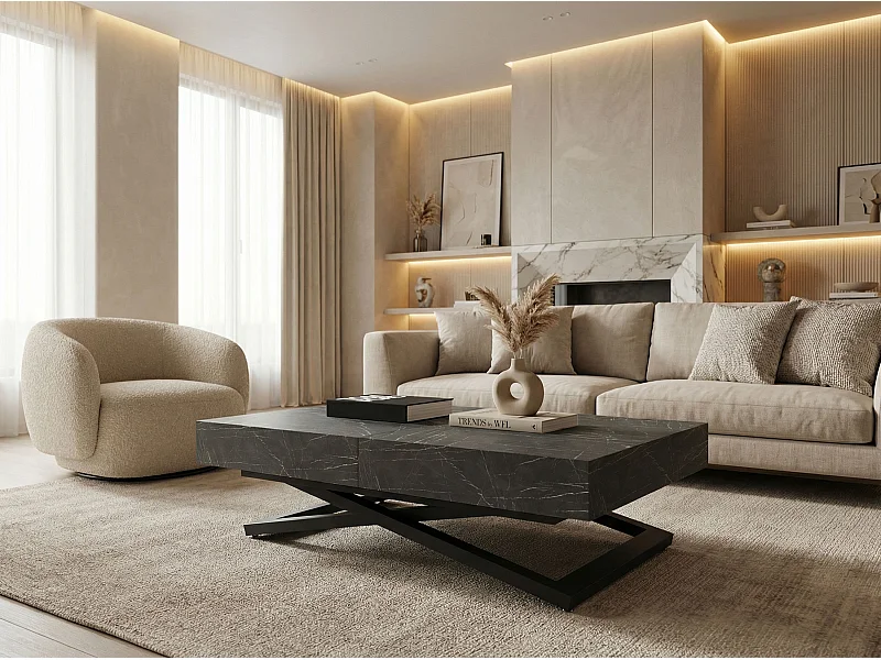 Table Basse Relevable Extensible Cavetta U - Table Multifonction Salon Salle à Manger 120-200/80/27-76 cm Marbre Noir