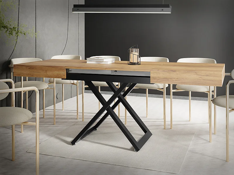 Table Basse Relevable Extensible Cavetta U - Table Multifonction Salon Salle à Manger 120-200/80/27-76 cm Chêne Craft