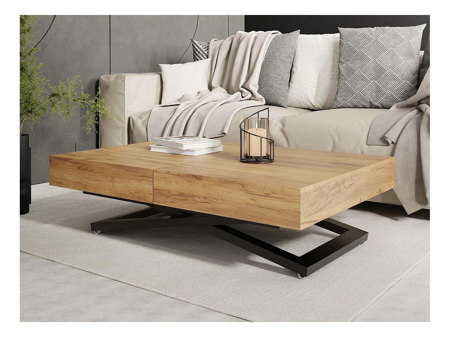 Couchtisch Höhenverstellbar und Ausziehbar Cavetta U - Wohnzimmertisch Esstisch Multifunktionstisch 120-200/80/27-76 cm Craft Eiche