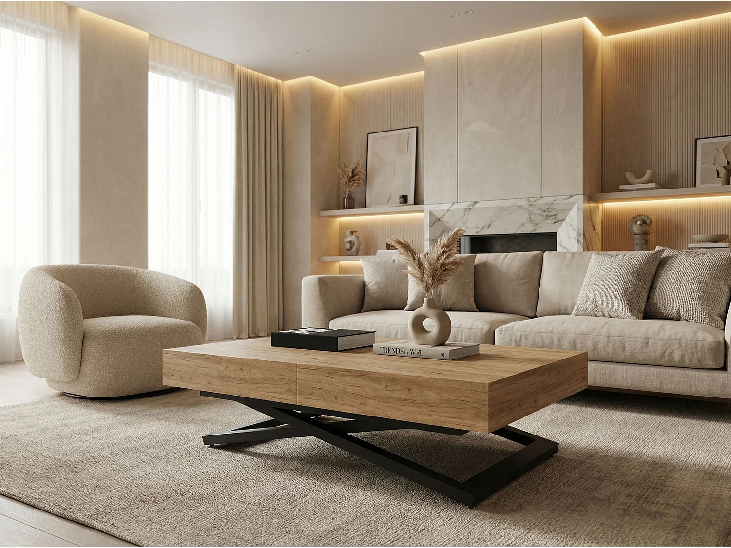 Couchtisch Höhenverstellbar und Ausziehbar Cavetta U - Wohnzimmertisch Esstisch Multifunktionstisch mit Schwarzem Metallgestell 120-200/80/27-76 cm Craft Eiche