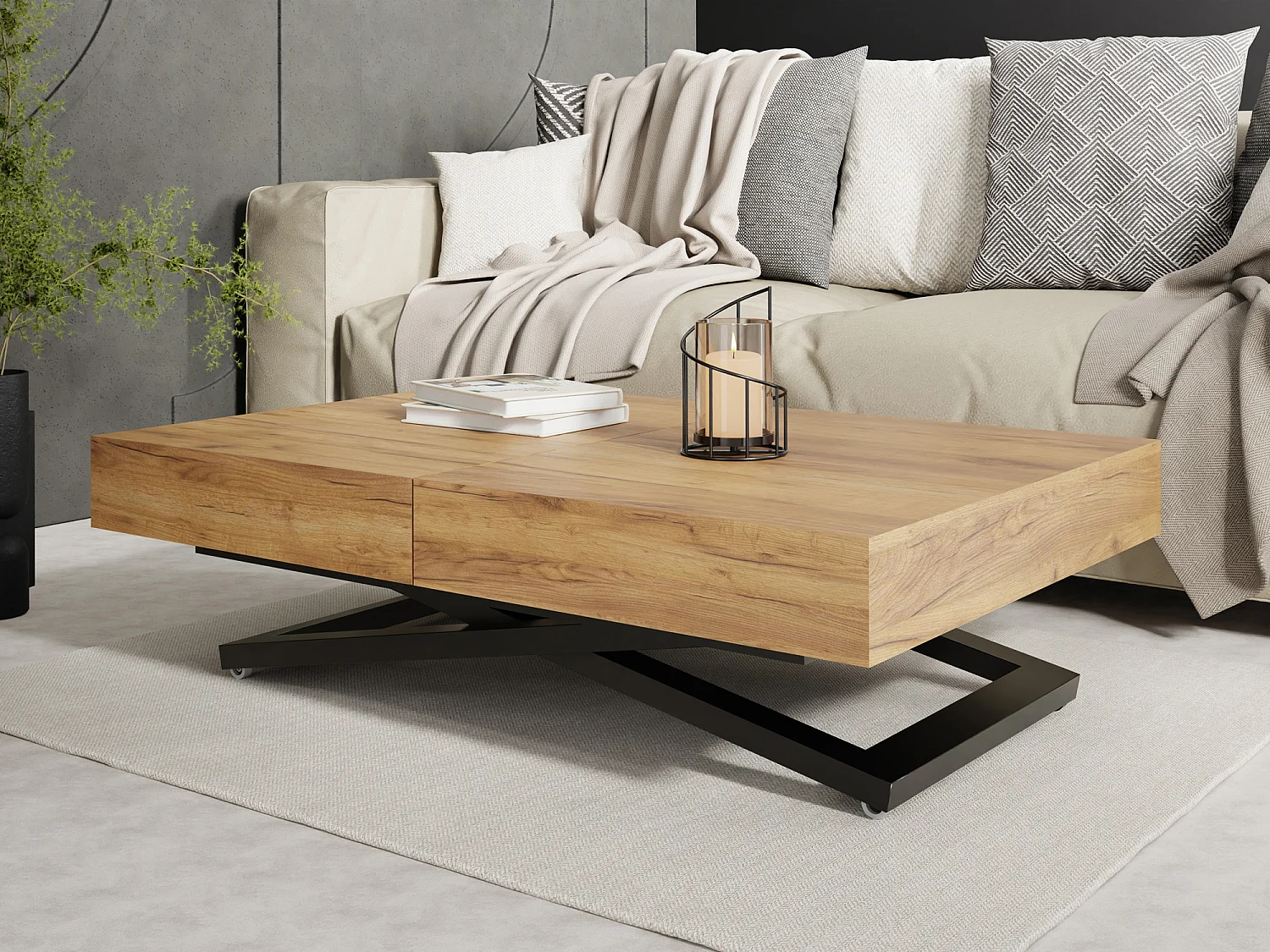 Couchtisch Höhenverstellbar und Ausziehbar Cavetta U - Wohnzimmertisch Esstisch Multifunktionstisch mit Schwarzem Metallgestell 120-200/80/27-76 cm Craft Eiche