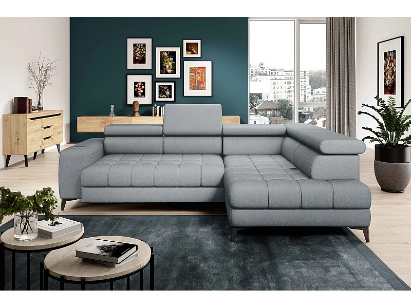 BAGGIO canapé angle 280x196cm, couchage, coffre, assise réglable, têtières, tissu Letto, droit, Gris clair