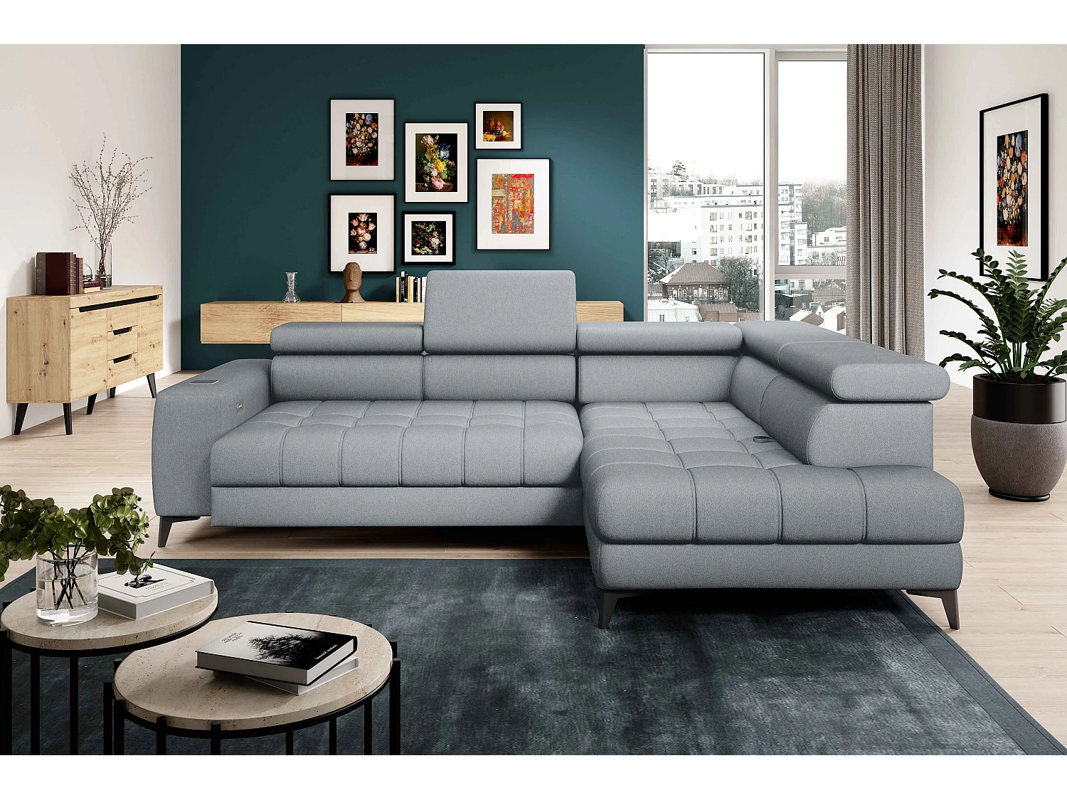 BAGGIO canapé angle 280x196cm, couchage, coffre, assise réglable, têtières, tissu Letto, droit, Gris clair