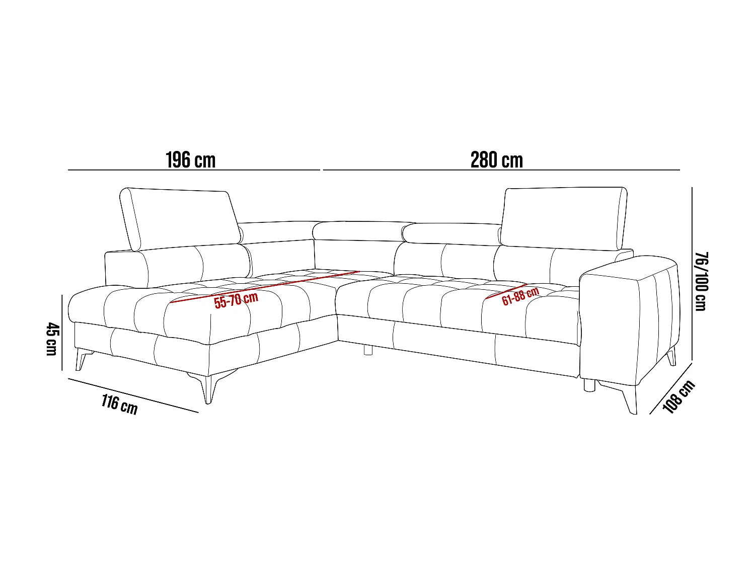 BAGGIO canapé angle 280x196cm, couchage, coffre, assise réglable, têtières, tissu Letto, droit, Gris clair