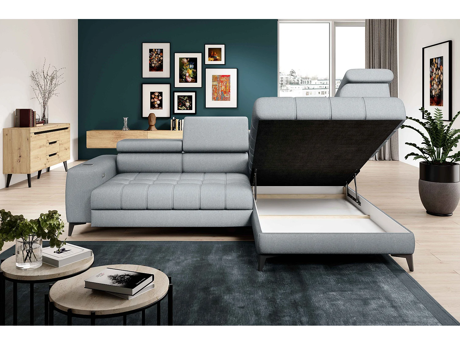 BAGGIO canapé angle 280x196cm, couchage, coffre, assise réglable, têtières, tissu Letto, droit, Gris clair