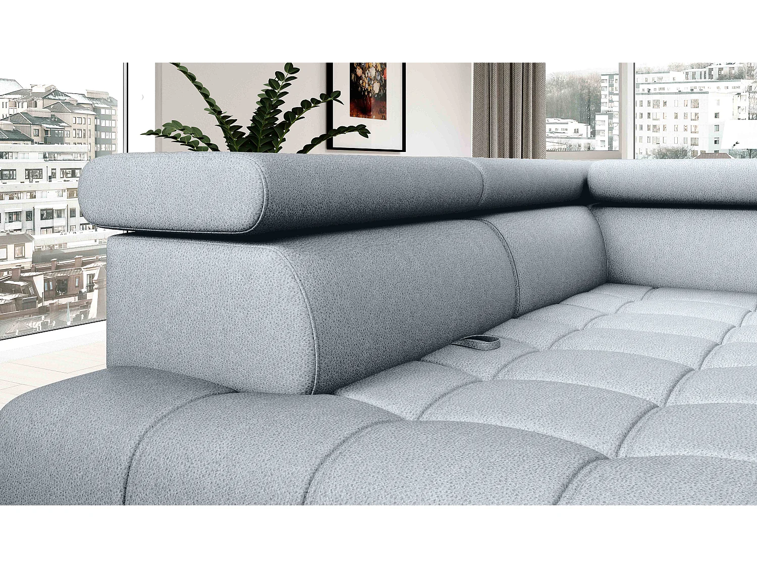 BAGGIO canapé angle 280x196cm, couchage, coffre, assise réglable, têtières, tissu Letto, droit, Gris clair