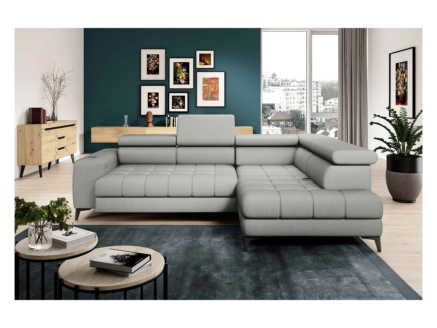 BAGGIO canapé angle 280x196cm, couchage, coffre, assise réglable, têtières, tissu Letto, droit, Frêne