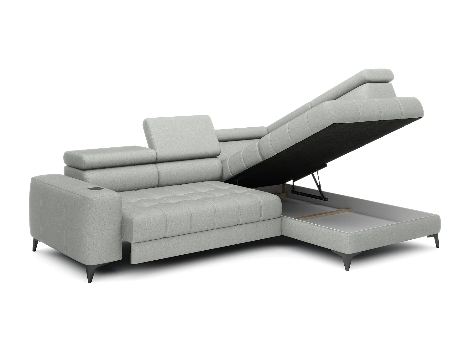 BAGGIO canapé angle 280x196cm, couchage, coffre, assise réglable, têtières, tissu Letto, droit, Frêne